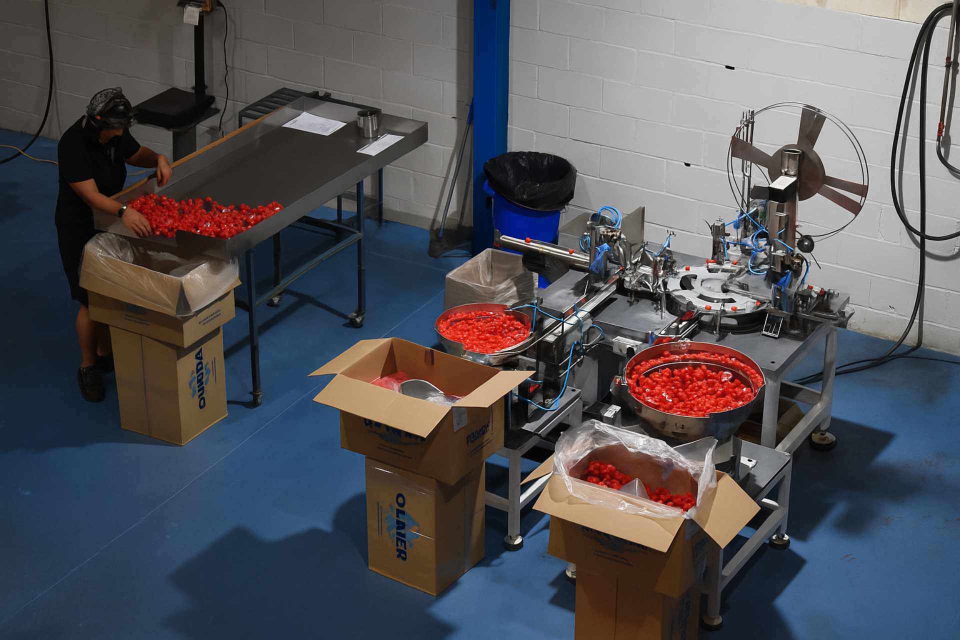 Máquinas haciendo tapones rojos de plástico